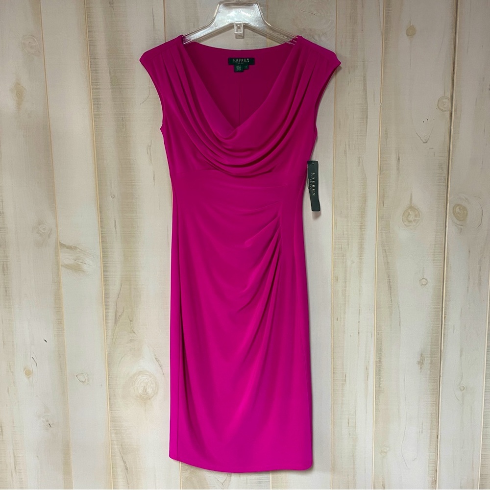 NWT Ralph Lauren Fuschia Drape Neck Ruched Dress Sz 2